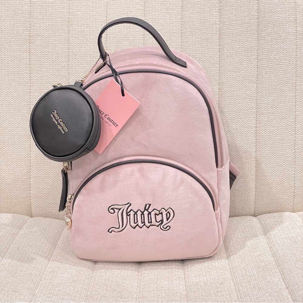 NEW Juicy Couture Pink Velour Mini Backpack Detachable Coin Pouch Pink Brown